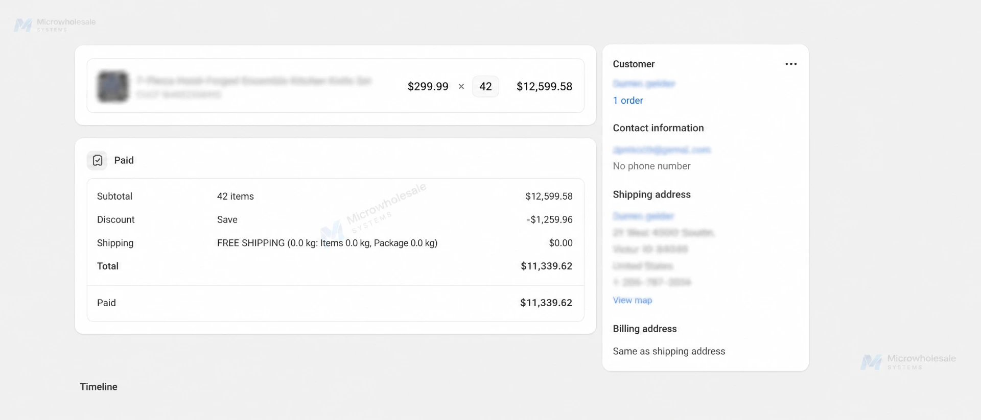 Wholesale order of 42 units worth $11,339