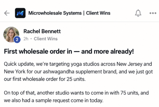 Rachel Bennett celebrates a first wholesale order and new buyer interest