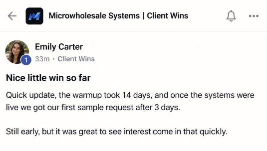 Emily Carter reports a sample request three days after outreach launched
