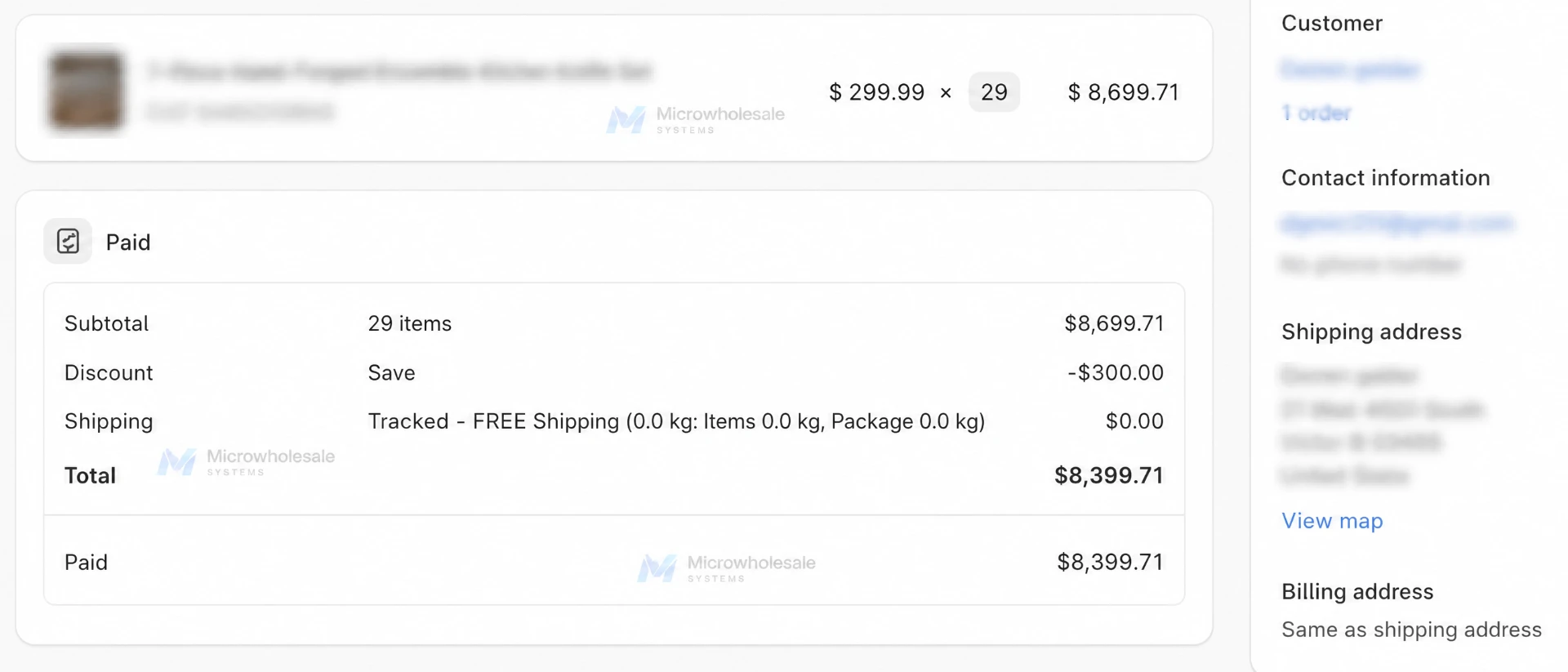Wholesale order of 29 units worth $8,399 with tracked free shipping