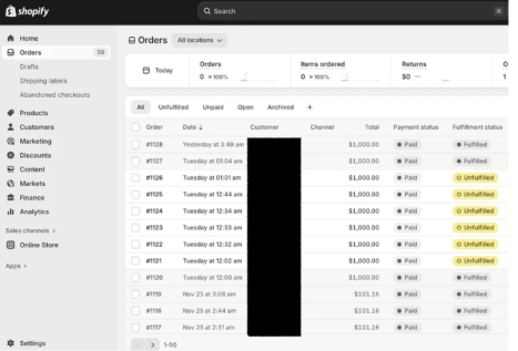 Shopify orders list full of $1,000 wholesale orders