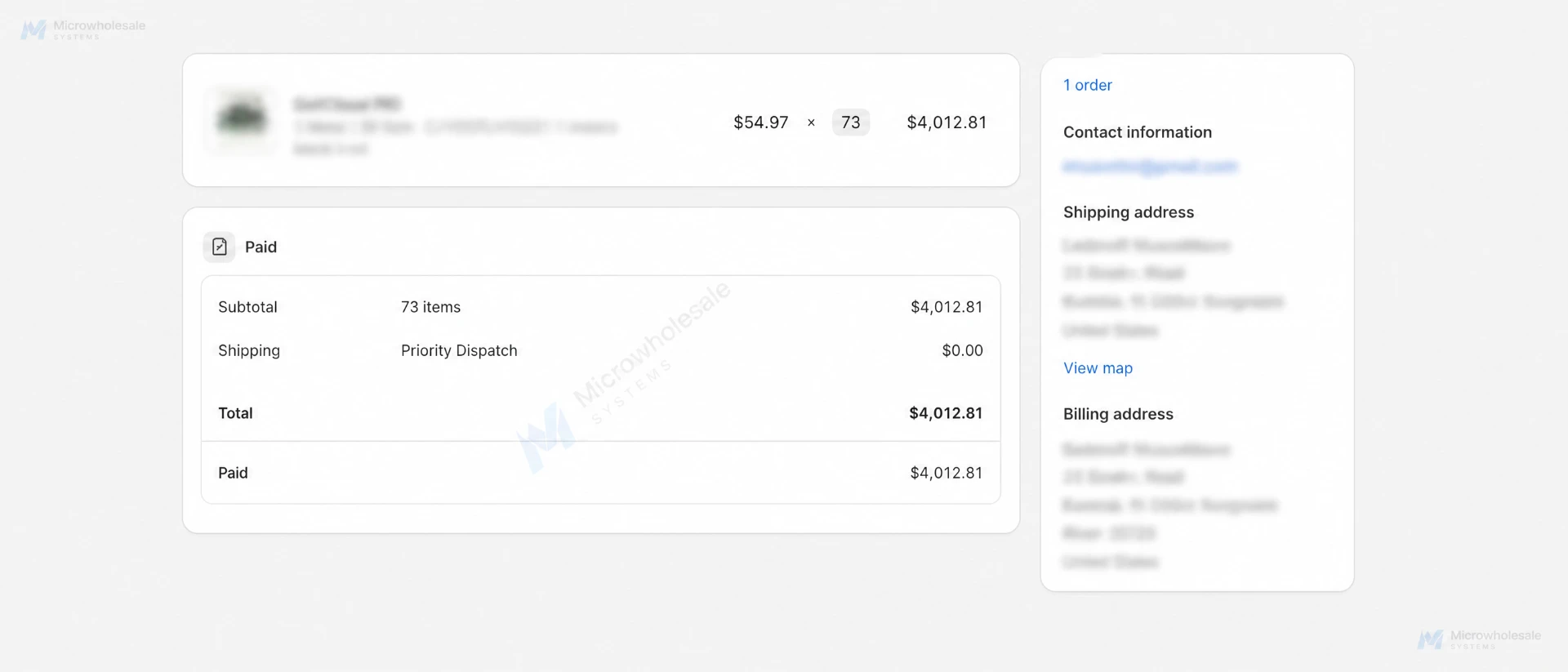 Wholesale order of 73 units worth $4,012