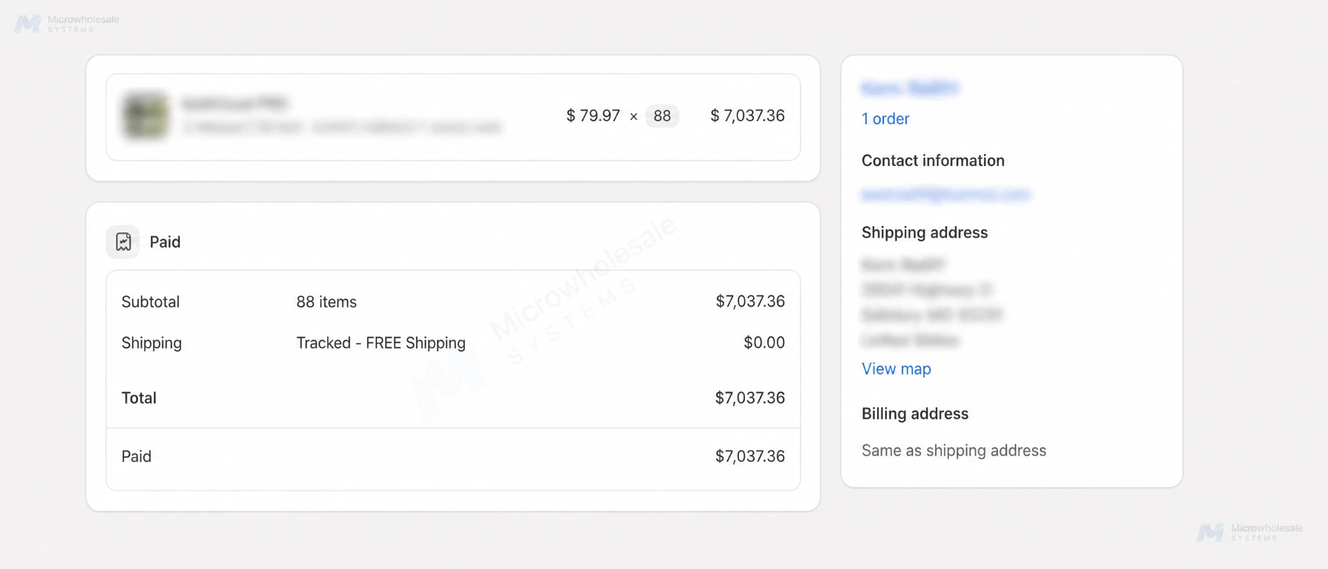 Wholesale order of 88 units worth $7,037