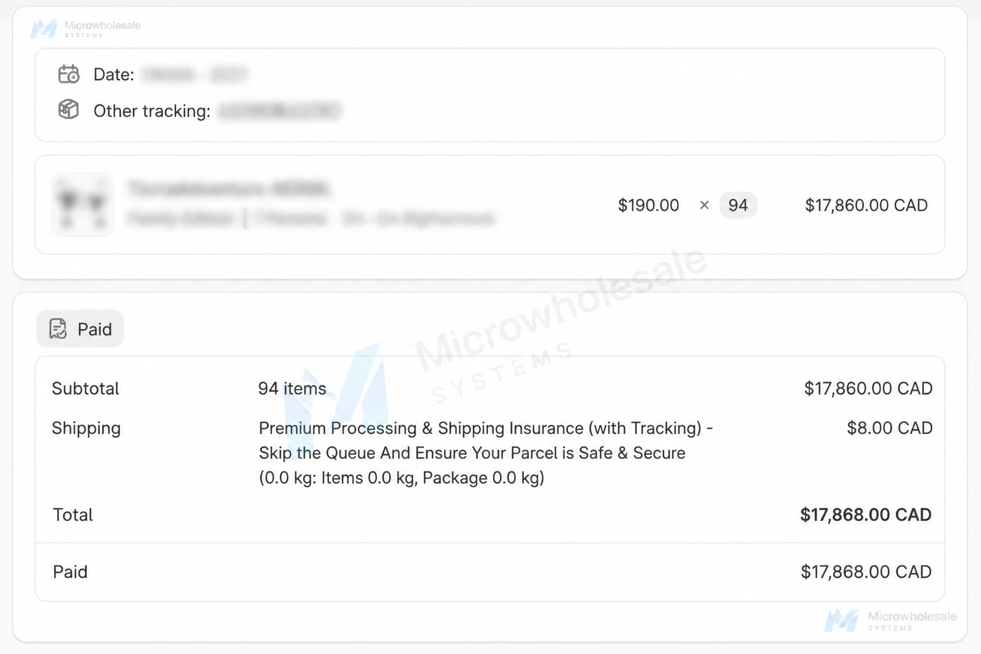 Wholesale order of 94 units worth $17,868 CAD