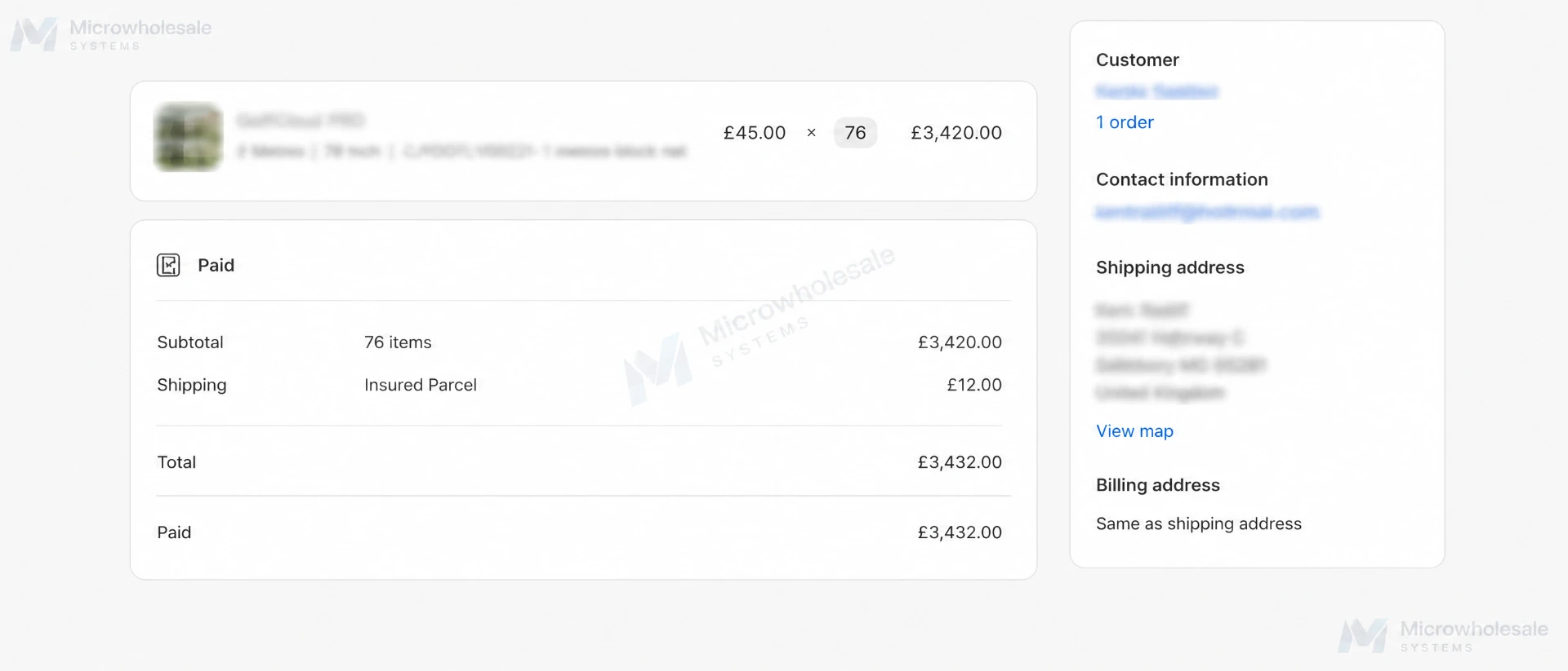Wholesale order of 76 units insured parcel worth £3,432